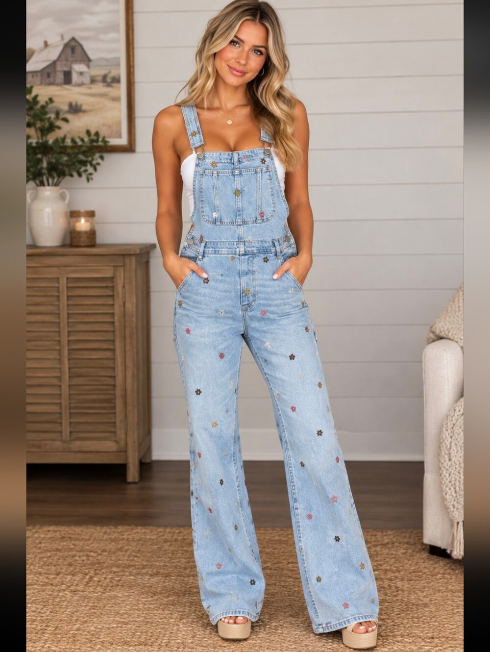 🌟💙 FREE PEOPLE DRIFTWOOD FLARE OVERALLS Floral Embroidery 💙🌟